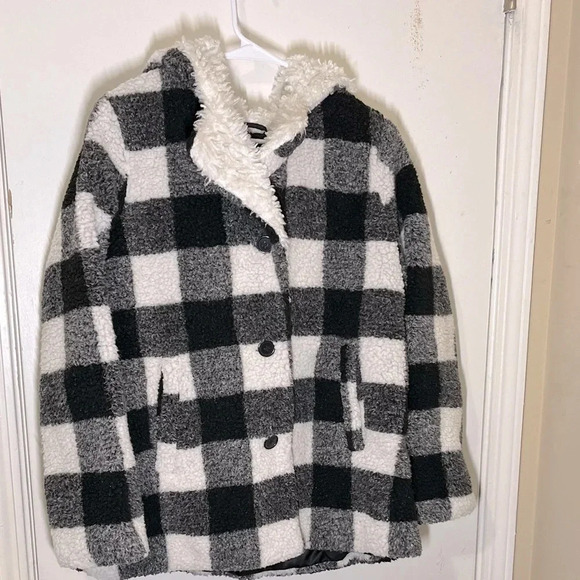Steve Madden Black and White Plaid Sherpa Hooded Jacket US Large, worn once - Picture 4 of 15